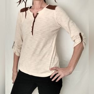 Lauren Ralph Lauren western cream henley shirt with faux leather trim L